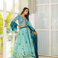 Sea Green Georgette Crepe &amp; Satin Embroidered Lehenga Set image 0