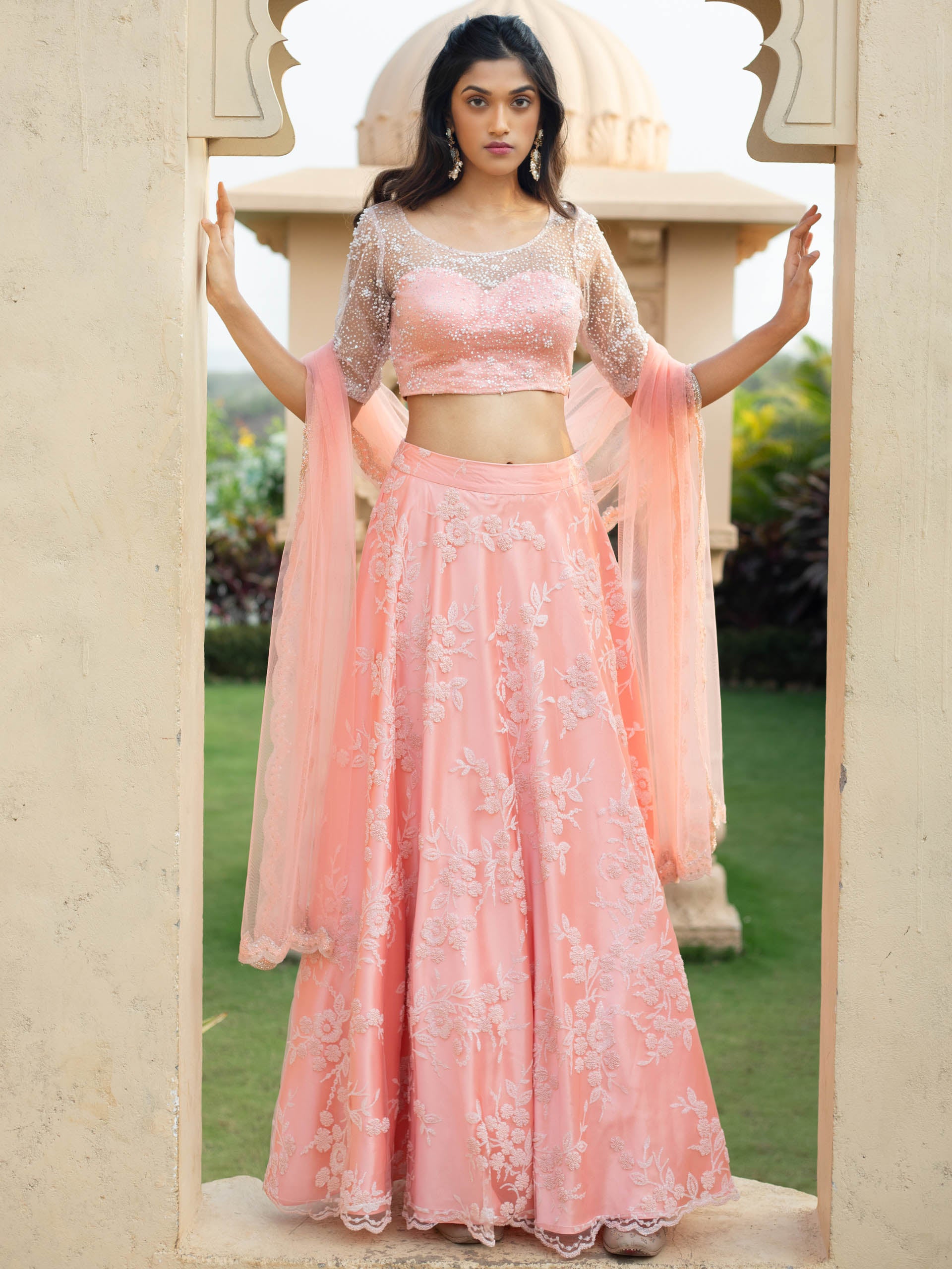 Peach Floral Bead Lehenga Set - Custom image