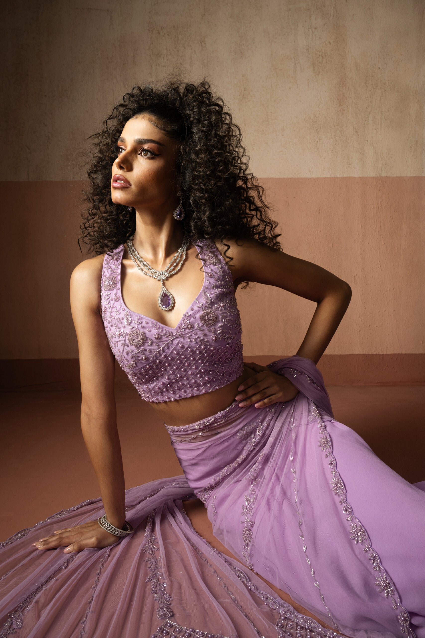 Pre Draped Lavender Hand Embroidered Net & Georgette Saree image 1