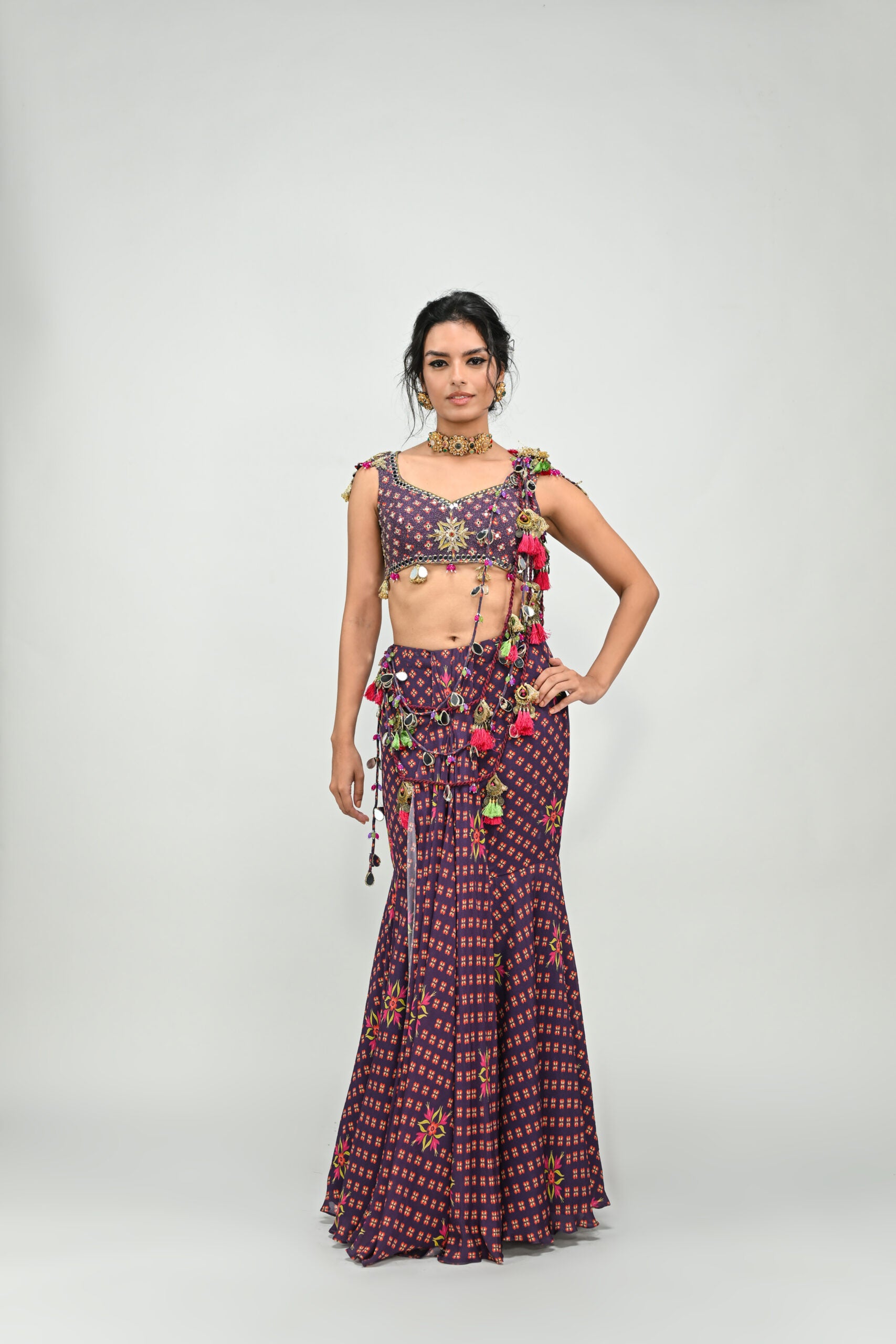 Plum Pre Stitched Tassel Saree Paired with Badla Highlighted Blouse - L image