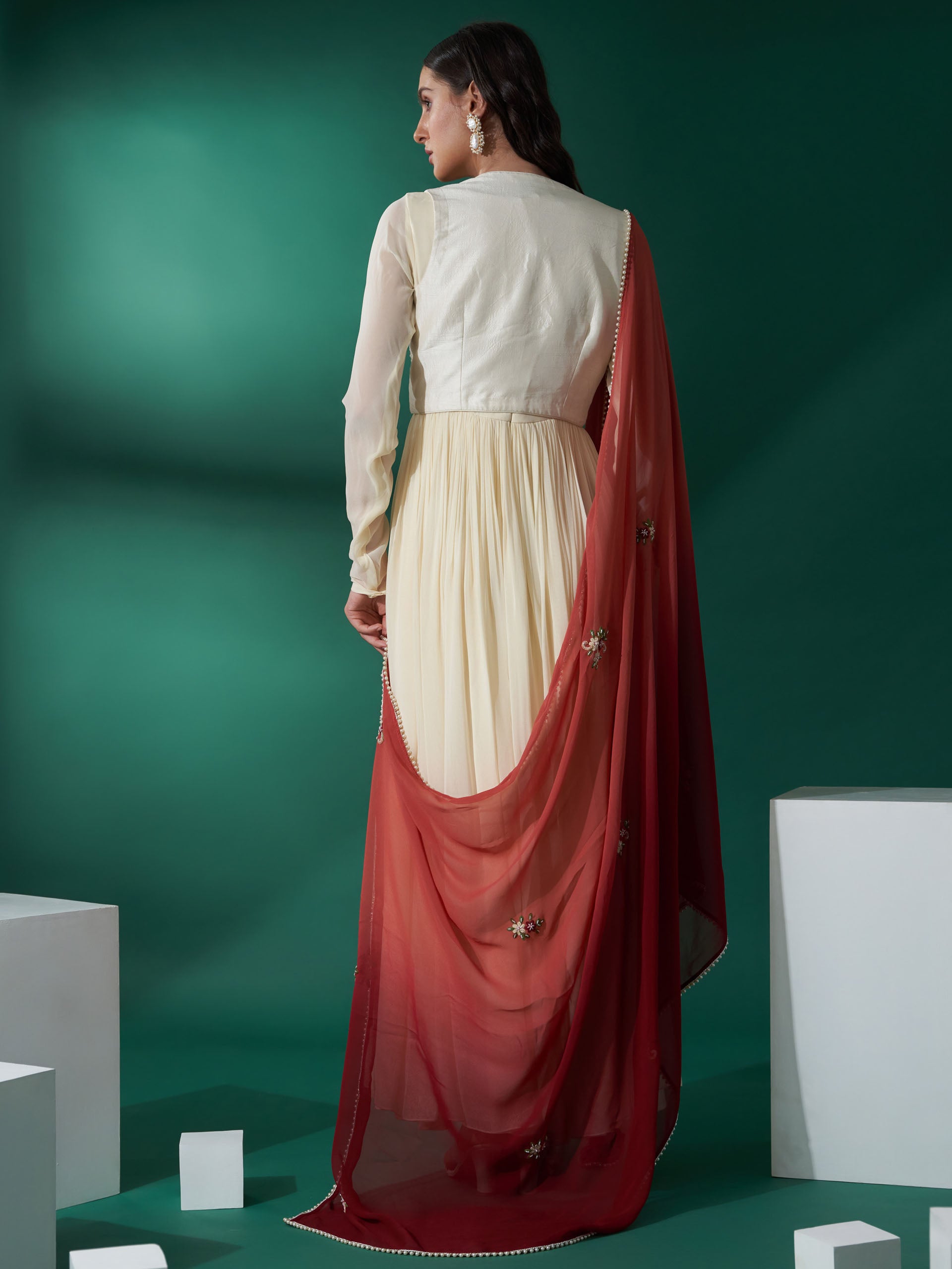 Cream Maroon Koti Jacket Anarkali Set image 3