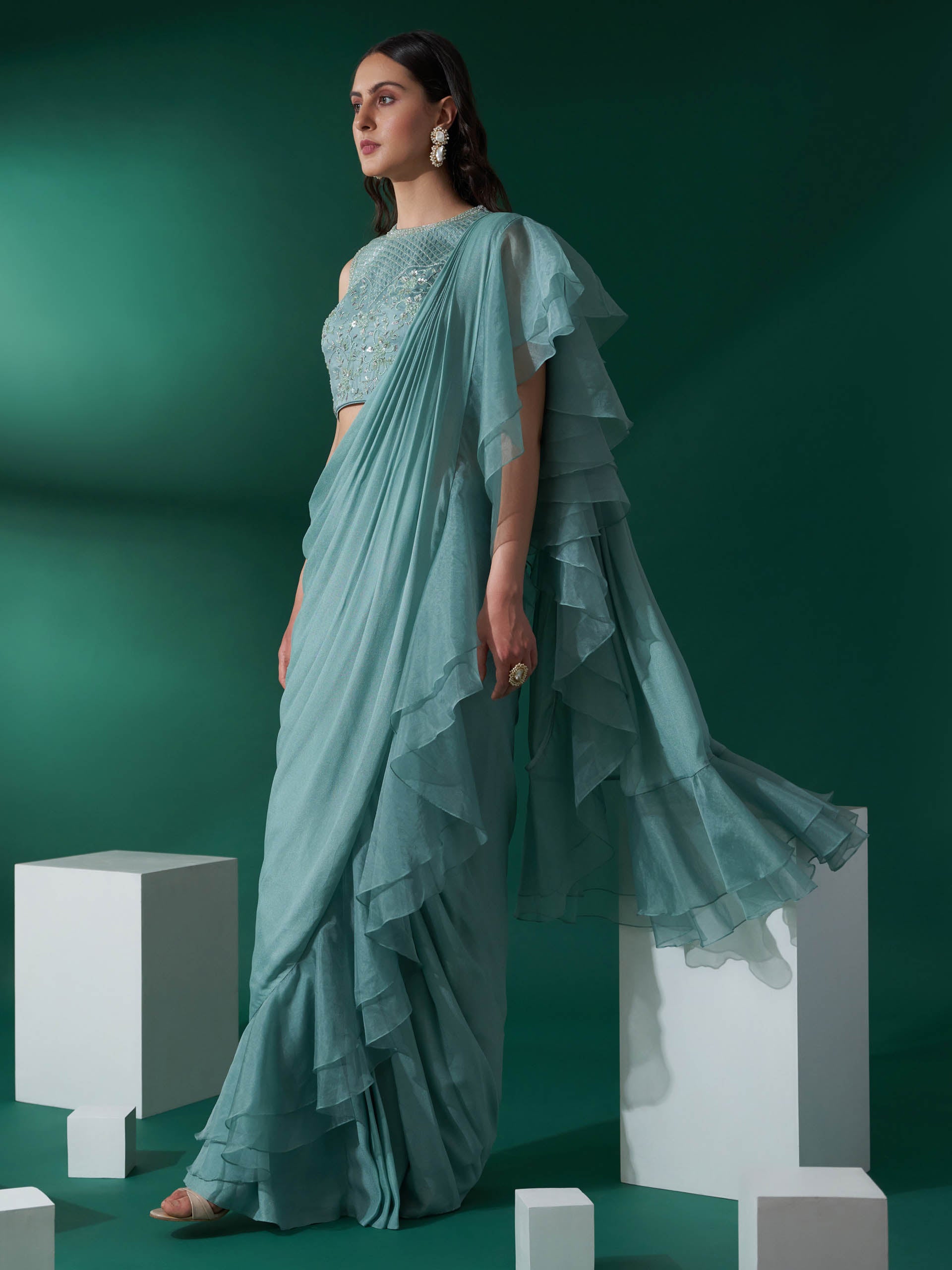 Sea Green Pre Draped Ruffle Saree Set image 3