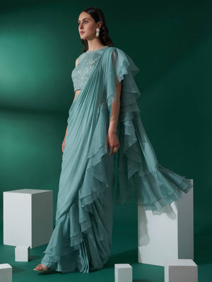 Sea Green Pre Draped Ruffle Saree Set image 3