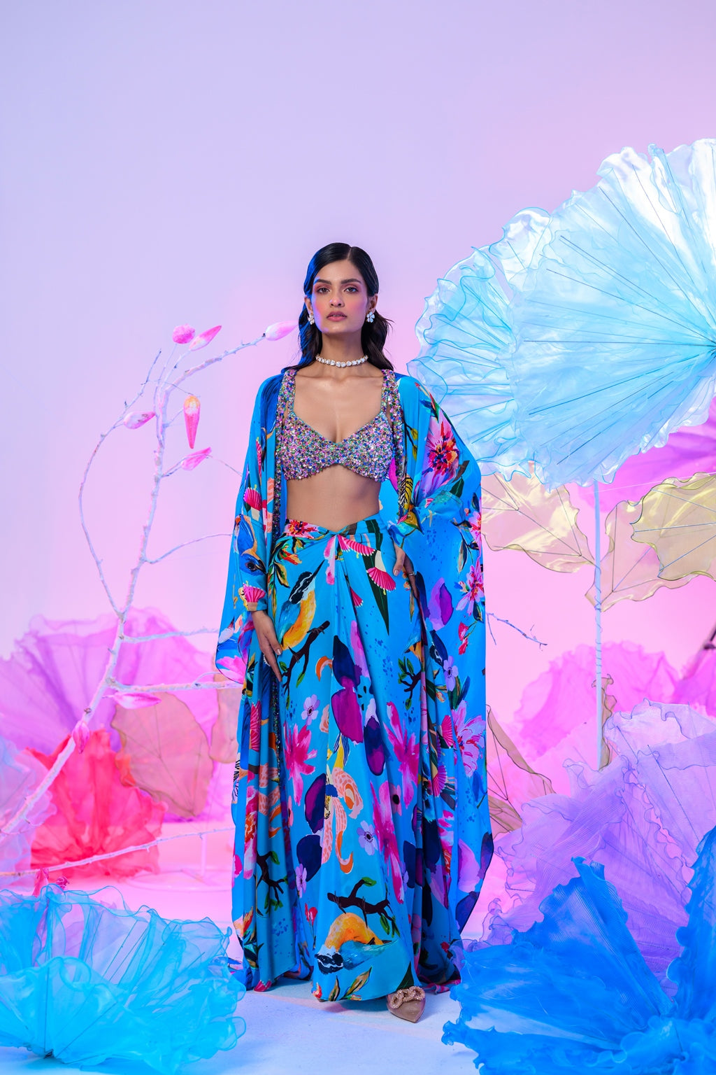 Our Aqua Dhoti Skirt Set With Embroidered Bralette image 0