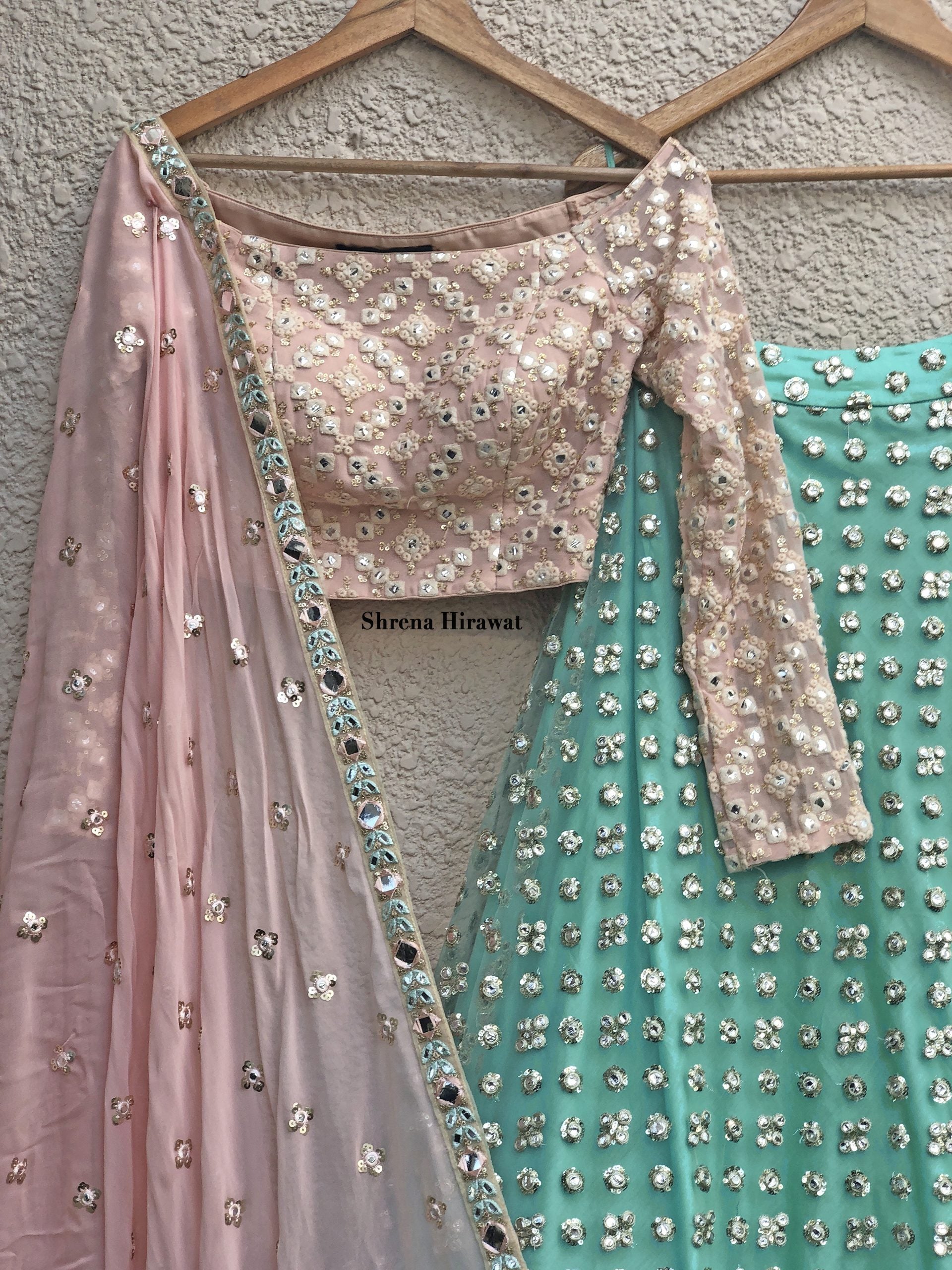 Baby Pink Blouse with Mint Mirror Work Lehenga image 1