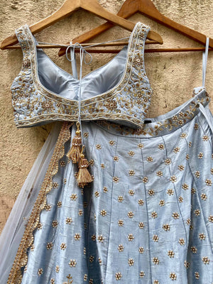 Powder Blue Bridal Embroidered Lehenga Set image 4