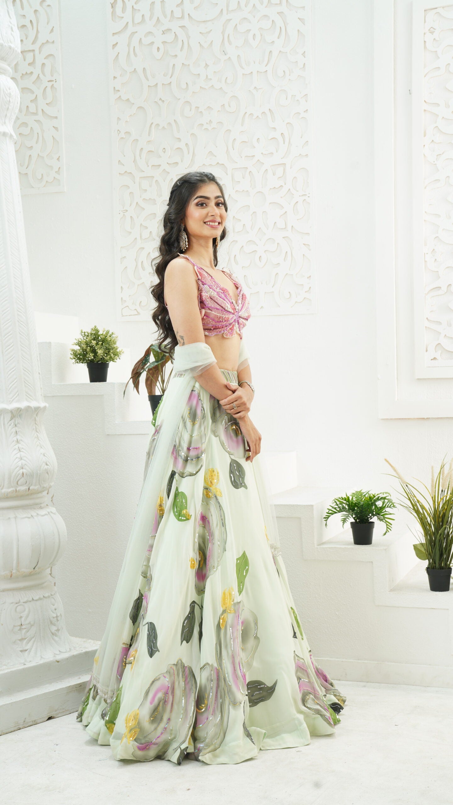 Mint Green hand painted lehenga and Butterfly blouse set image 2