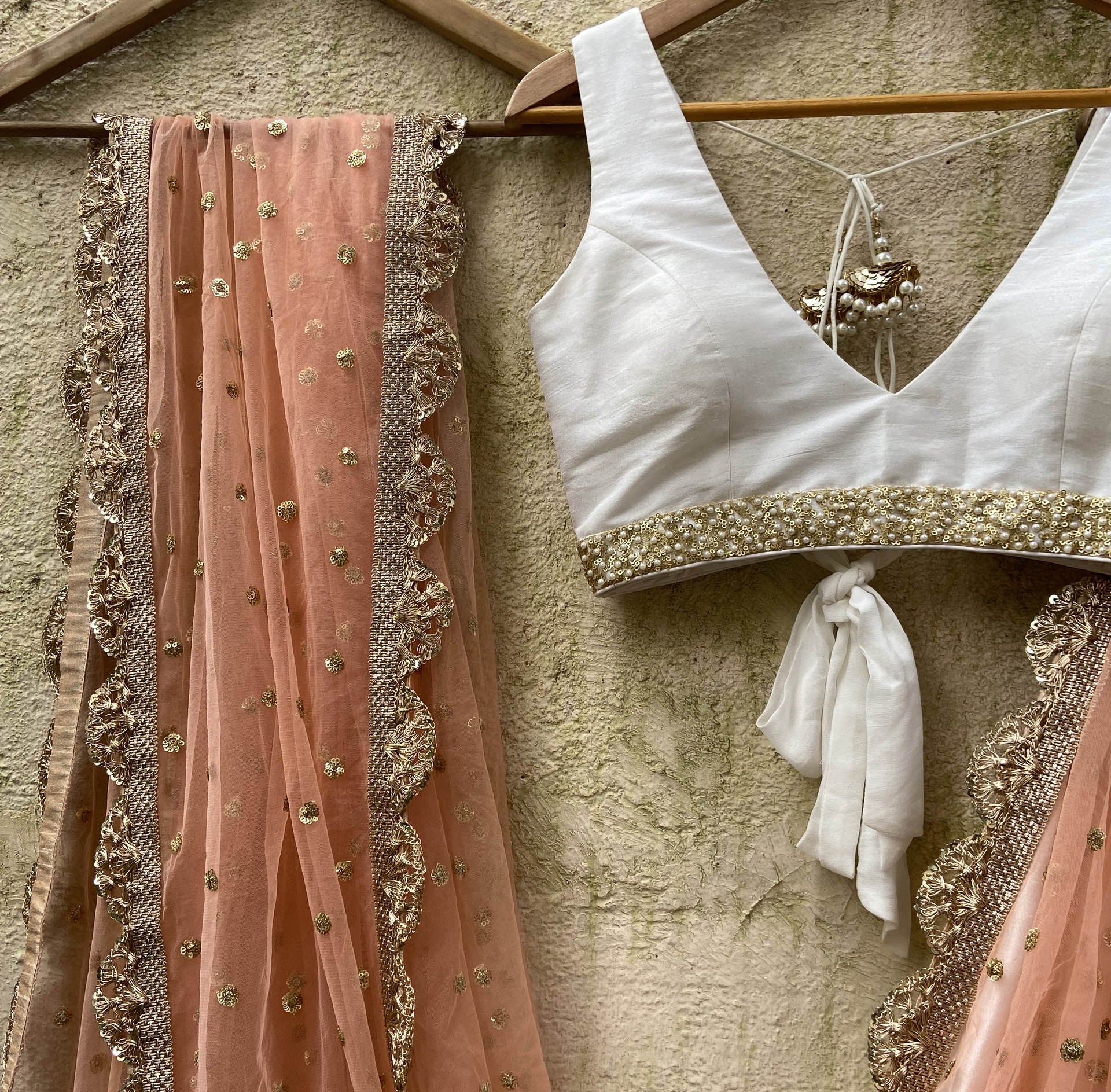 Ivory and Peach Sequin Lehenga Set image 4