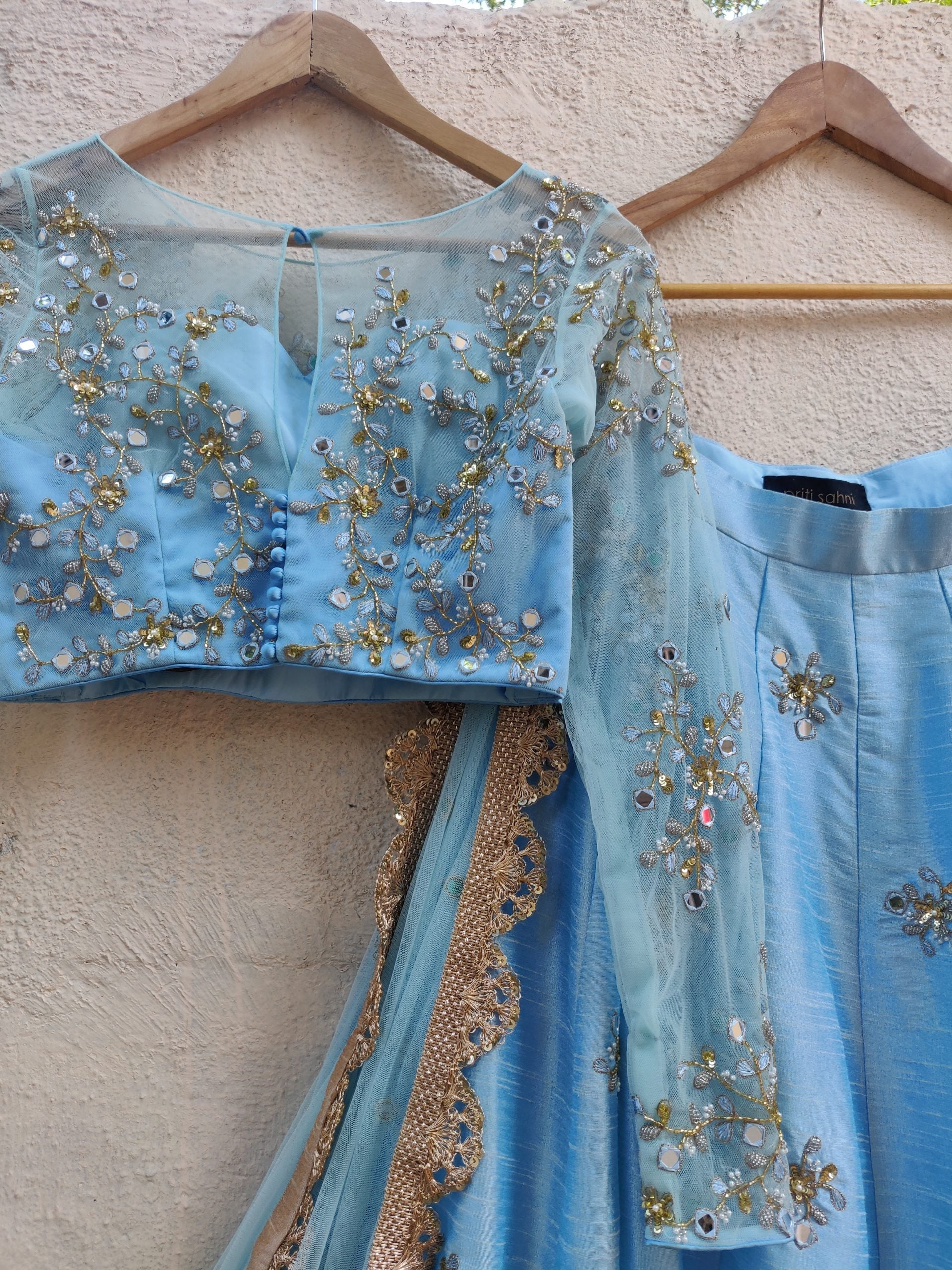 Powder Blue Mirror and Thread Embroidered Lehenga Set image 2
