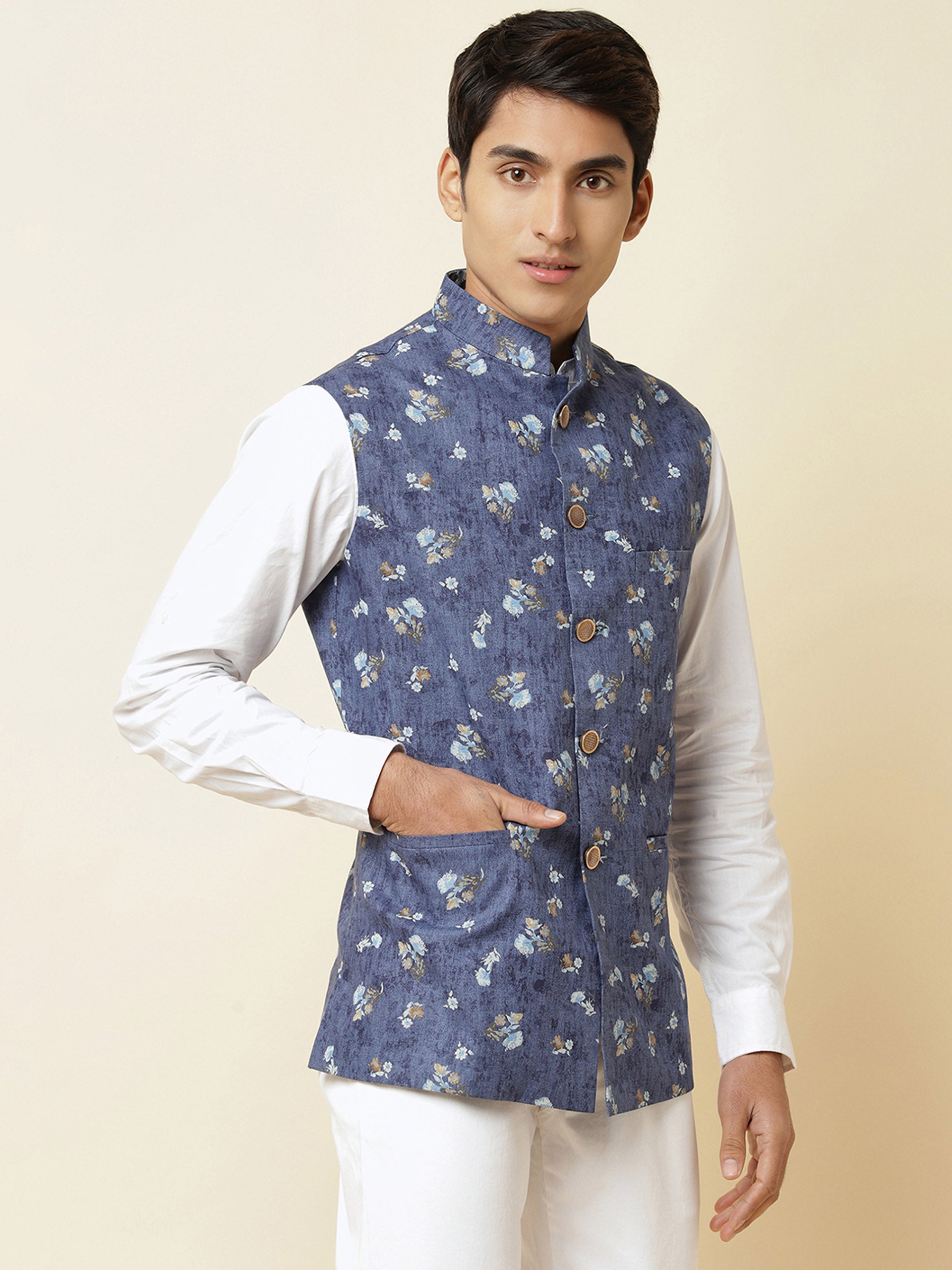 Blue Floral Print Bundi Jacket image 2