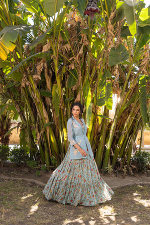 Light Blue Georgette Printed Lehenga Set - Custom image