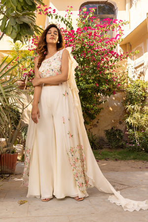 One Shoulder White Crepe Georgette Flared Pant Set - XL image