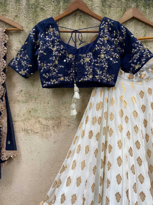 Navy Blue and Ivory Zari Lehenga Set image 3