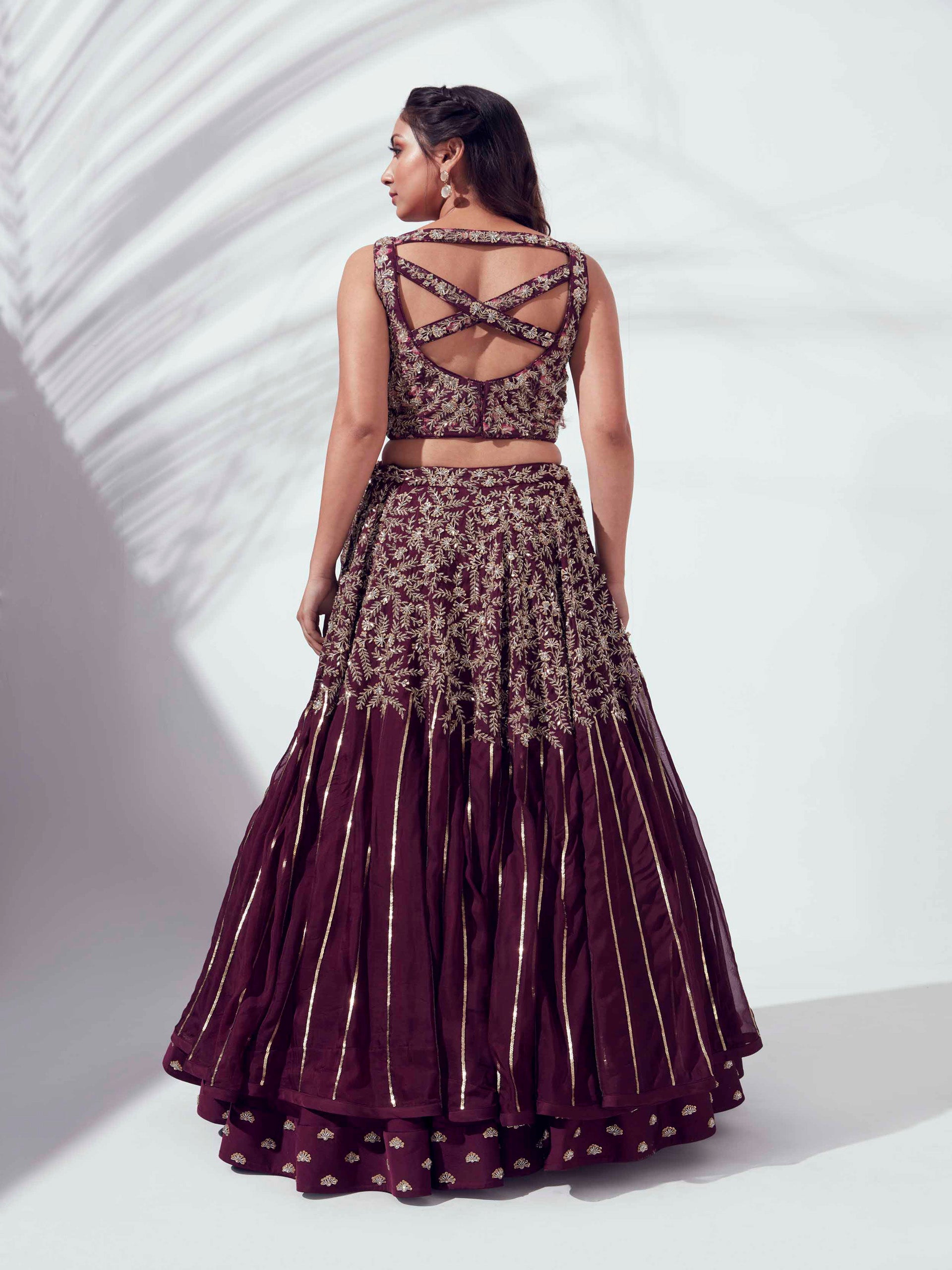 Wine Lehenga Paired With Cape Dupatta image 1