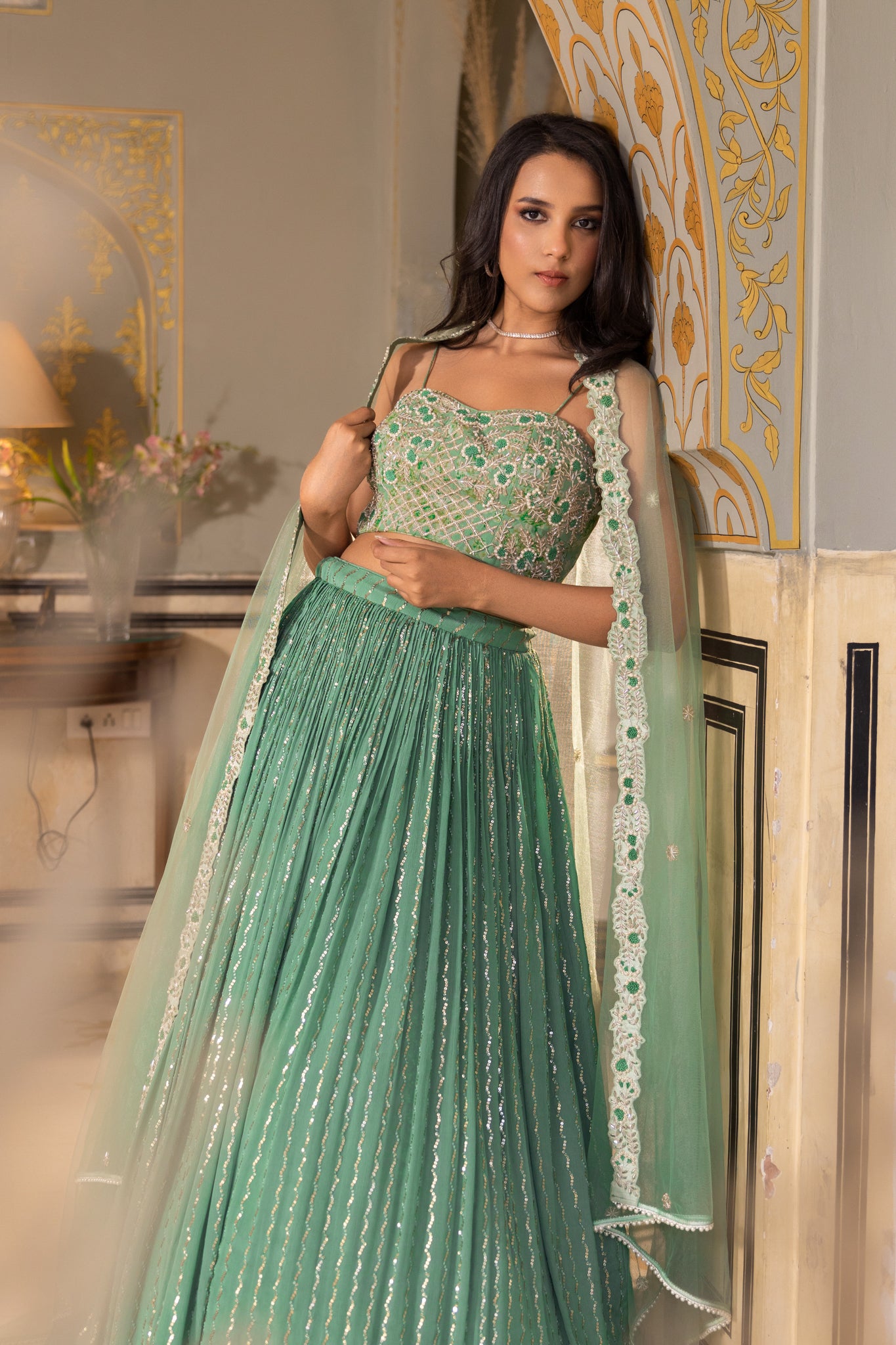 Green Georgette Crepe Sequins Embroidered Lehenga Set image 5