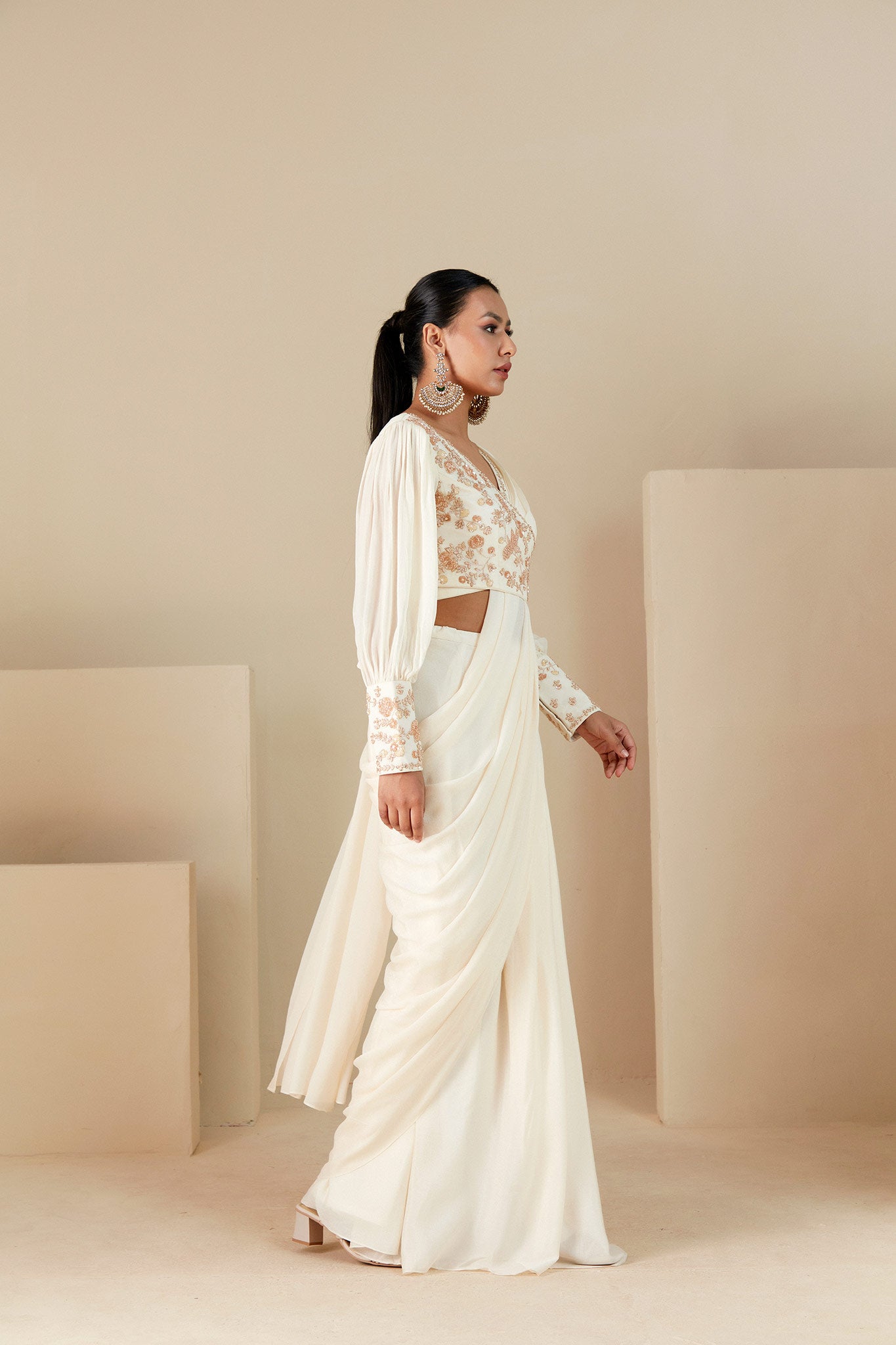 Off-White Ruffle Saree image 3