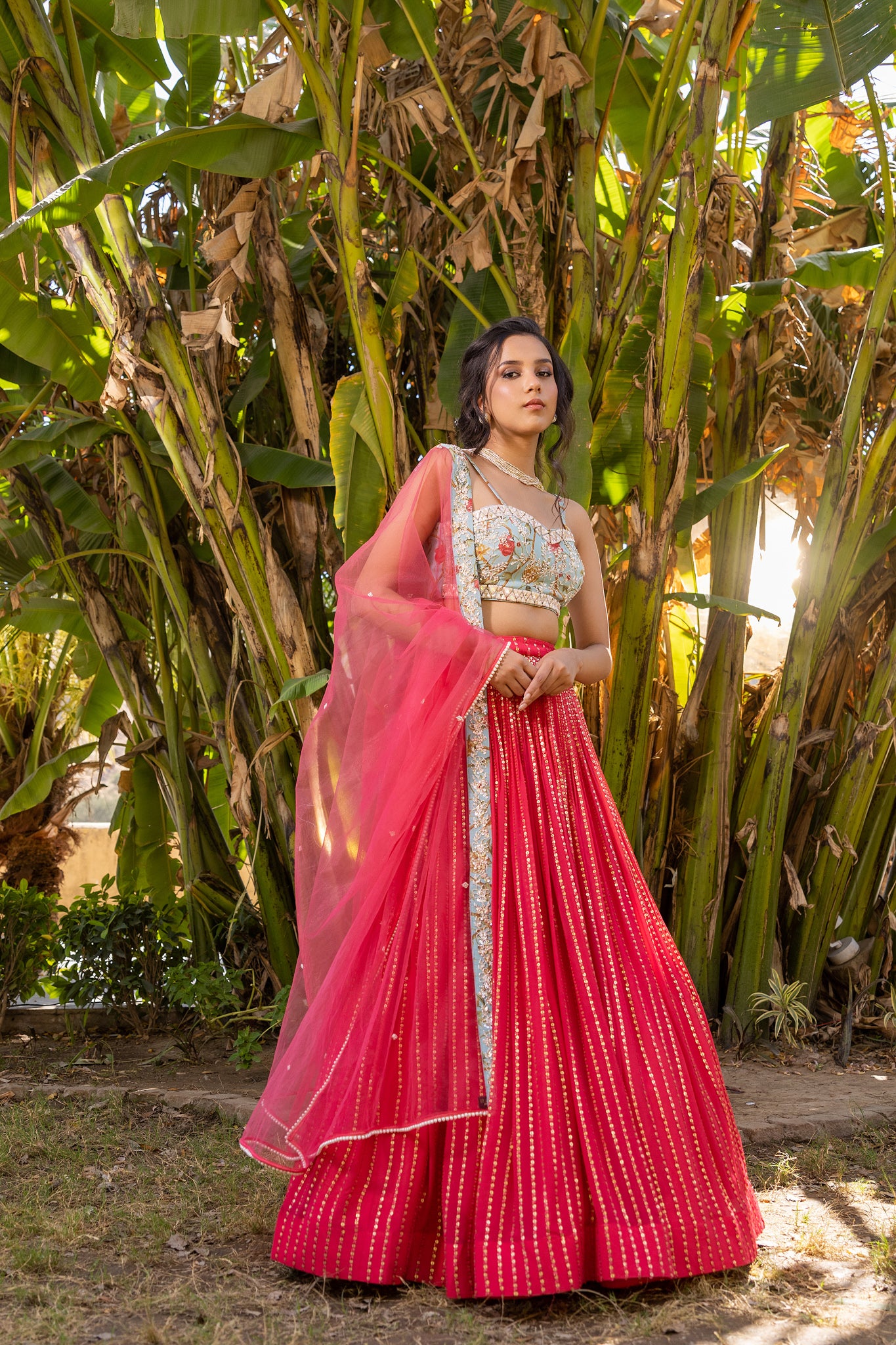 Coral Floral Georgette &amp; Net Embroidered Lehenga Set image 9