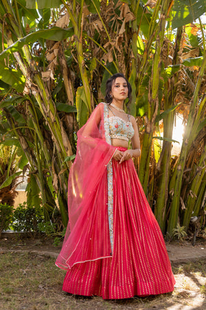 Coral Floral Georgette &amp; Net Embroidered Lehenga Set image 9
