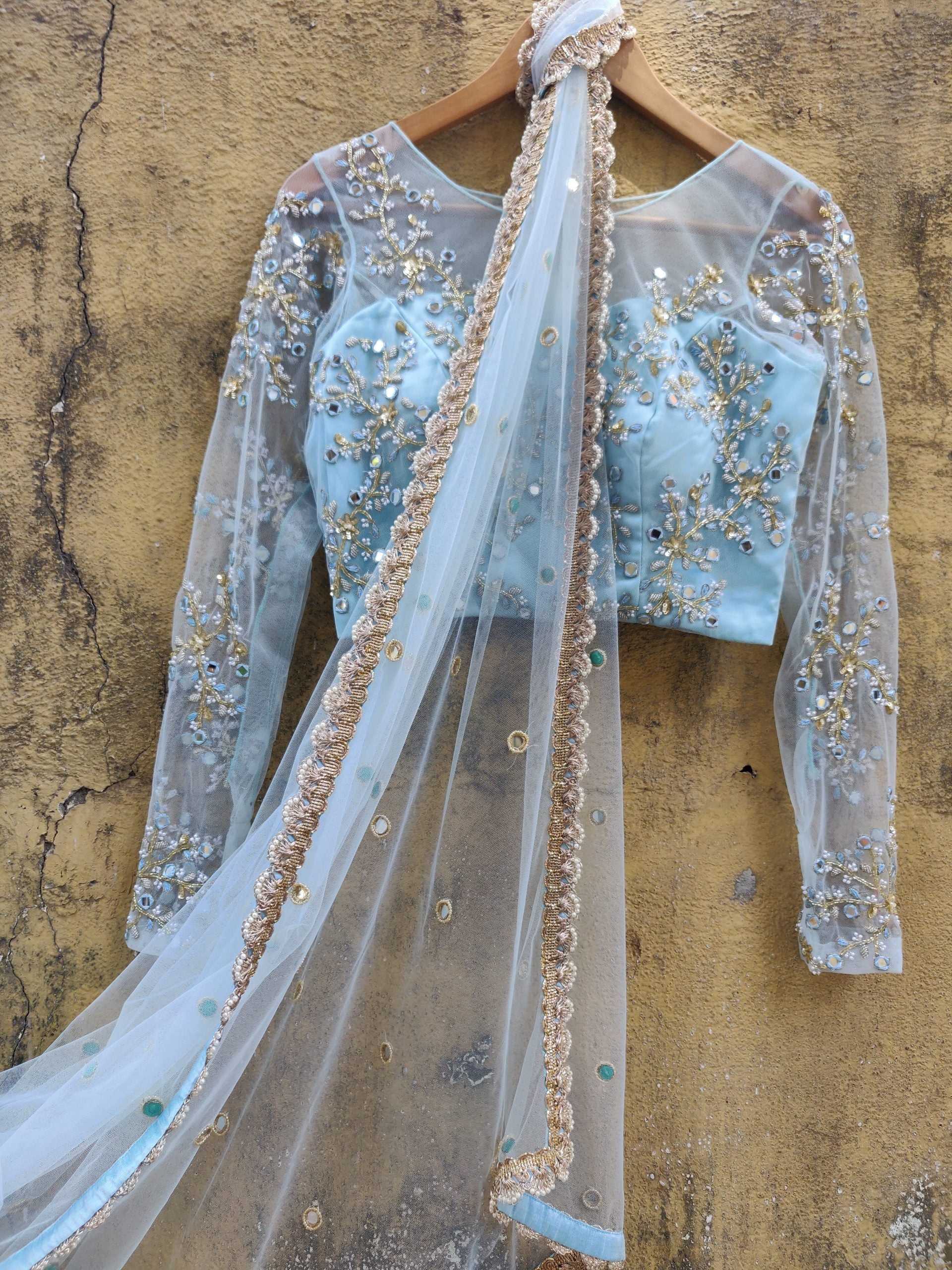 Sky Blue Mirror Work Saree with Resham Work Blouse image 1