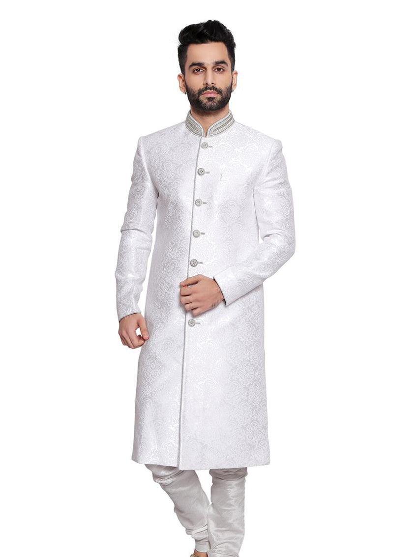 White Self Embroidered Sherwani Set image 0