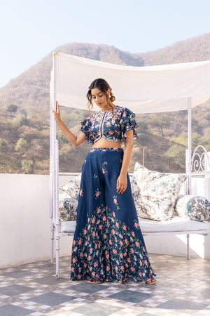 Blue Crepe Georgette Embroidered Pant Set image 2