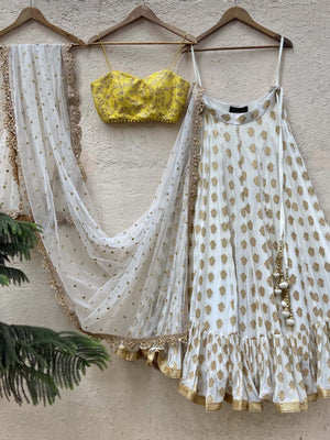 Ivory Ruffle Lehenga and Yellow Bustier Set - XL image