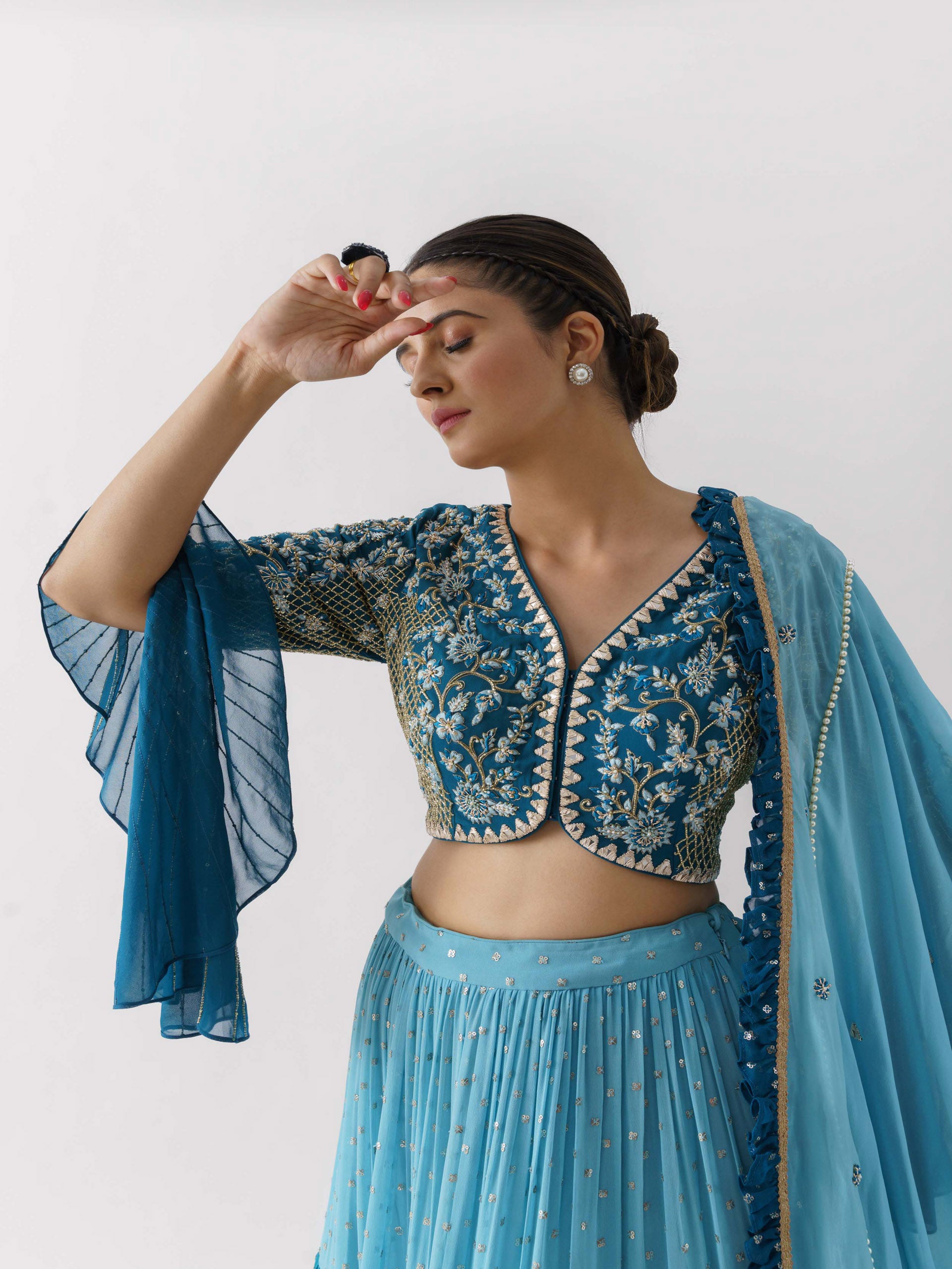 Blue Three Layered Lehenga Paired With Blouse And Dupatta image 3