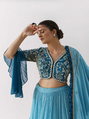 Blue Three Layered Lehenga Paired With Blouse And Dupatta image 3