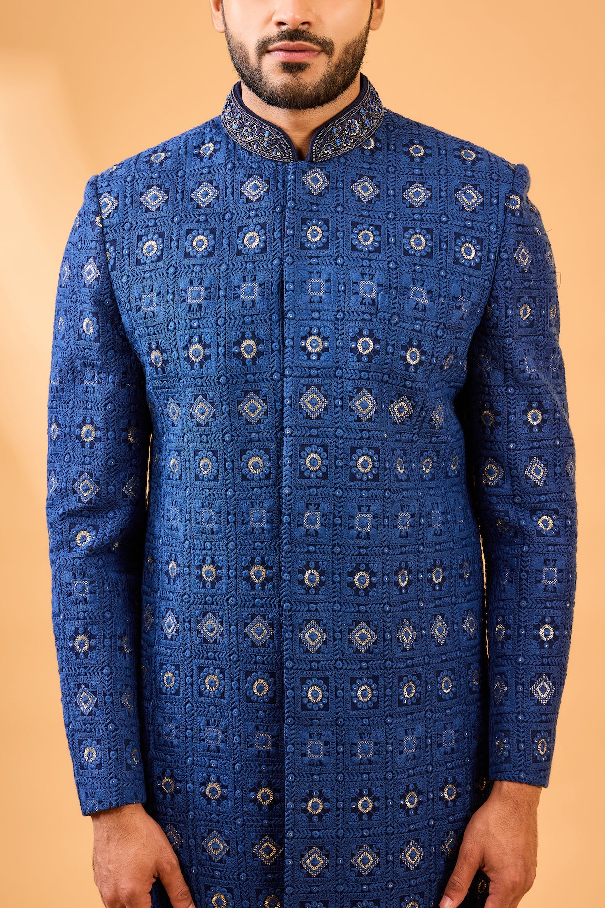 Navy Blue Embroidered Sherwani Set image 1