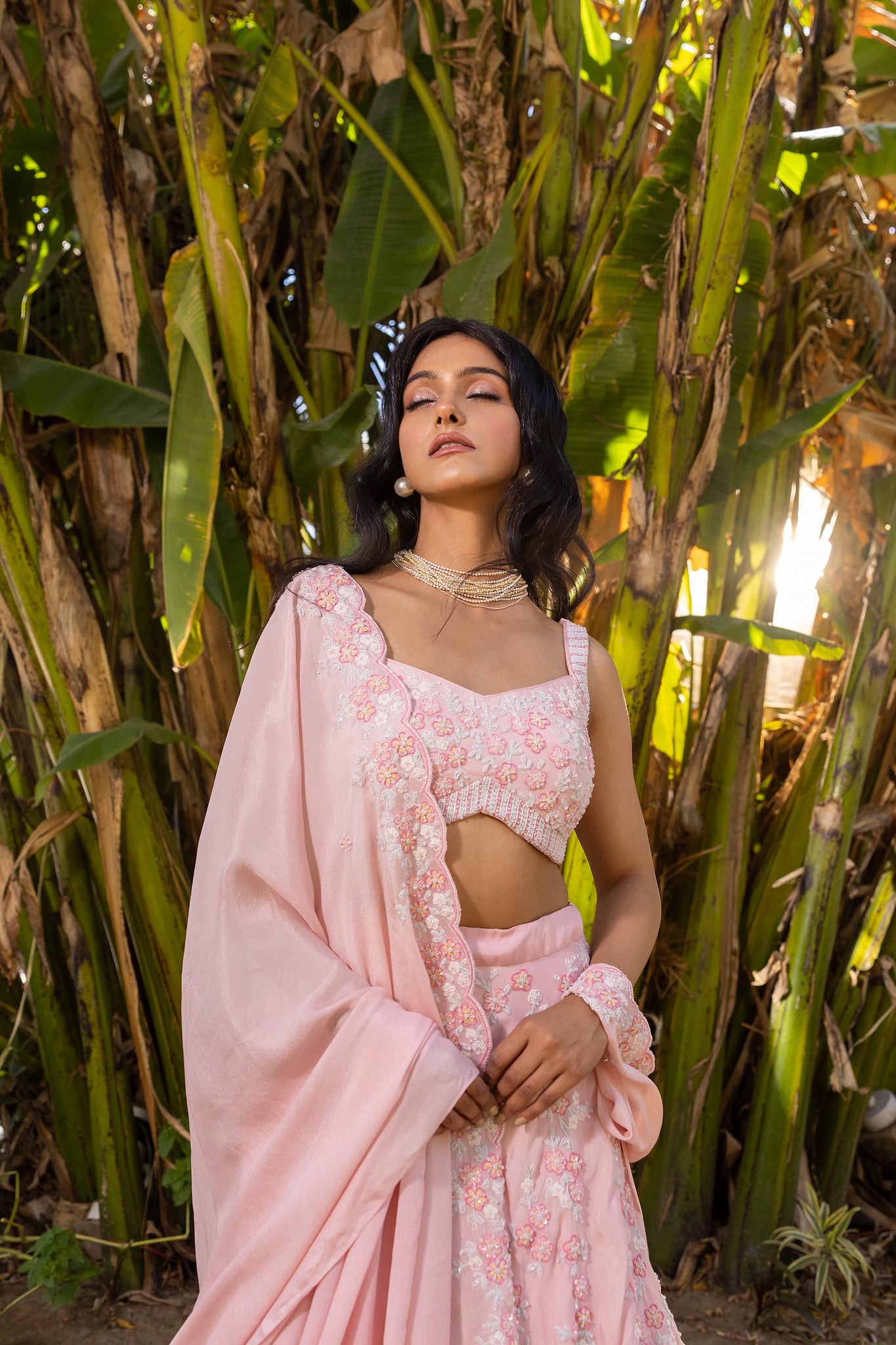Pink Floral Georgette Embroidered Blouse Lehenga Set image 3