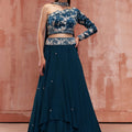 Teal Blue One Shoulder Lehenga Set image 0