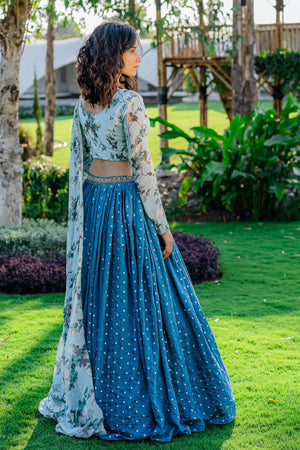 Powder Blue Printed &amp; Embroidered Lehenga Set image 2