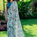 Powder Blue Printed &amp; Embroidered Drape Saree Set image 0