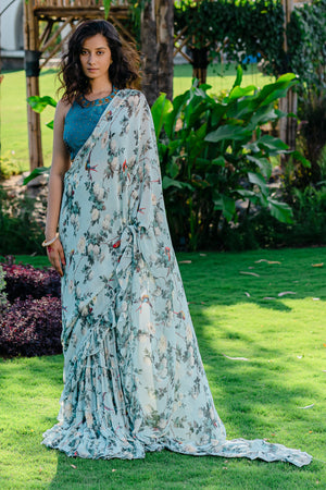 Powder Blue Printed &amp; Embroidered Drape Saree Set image 0