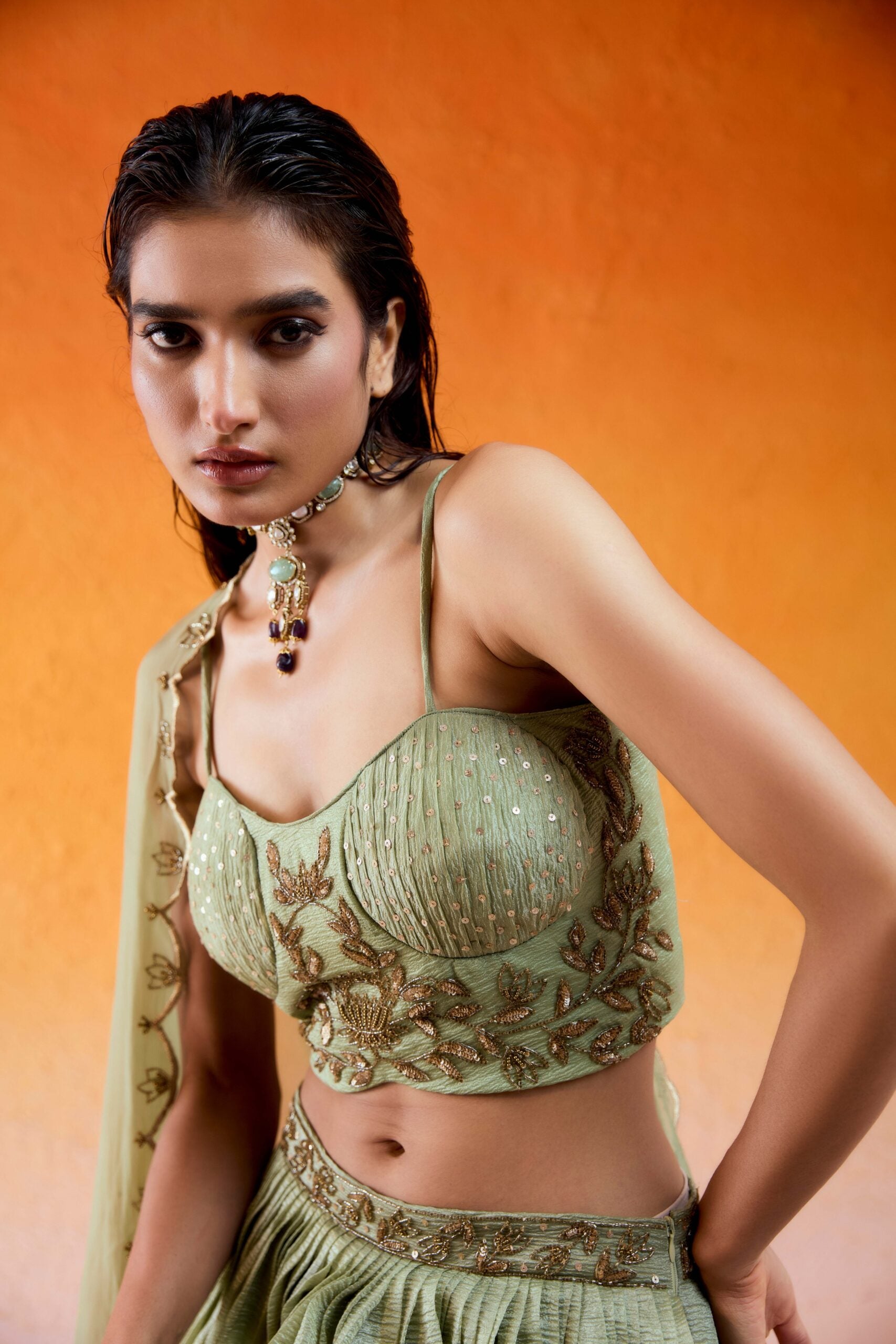 Pista Green Embroidered Lehenga Set image 4