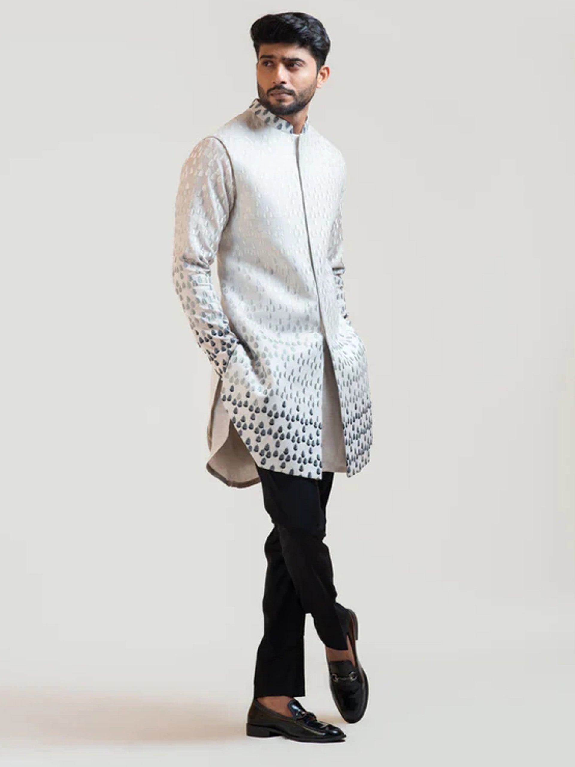 Grey Gradient Achkan Kurta Set image 1