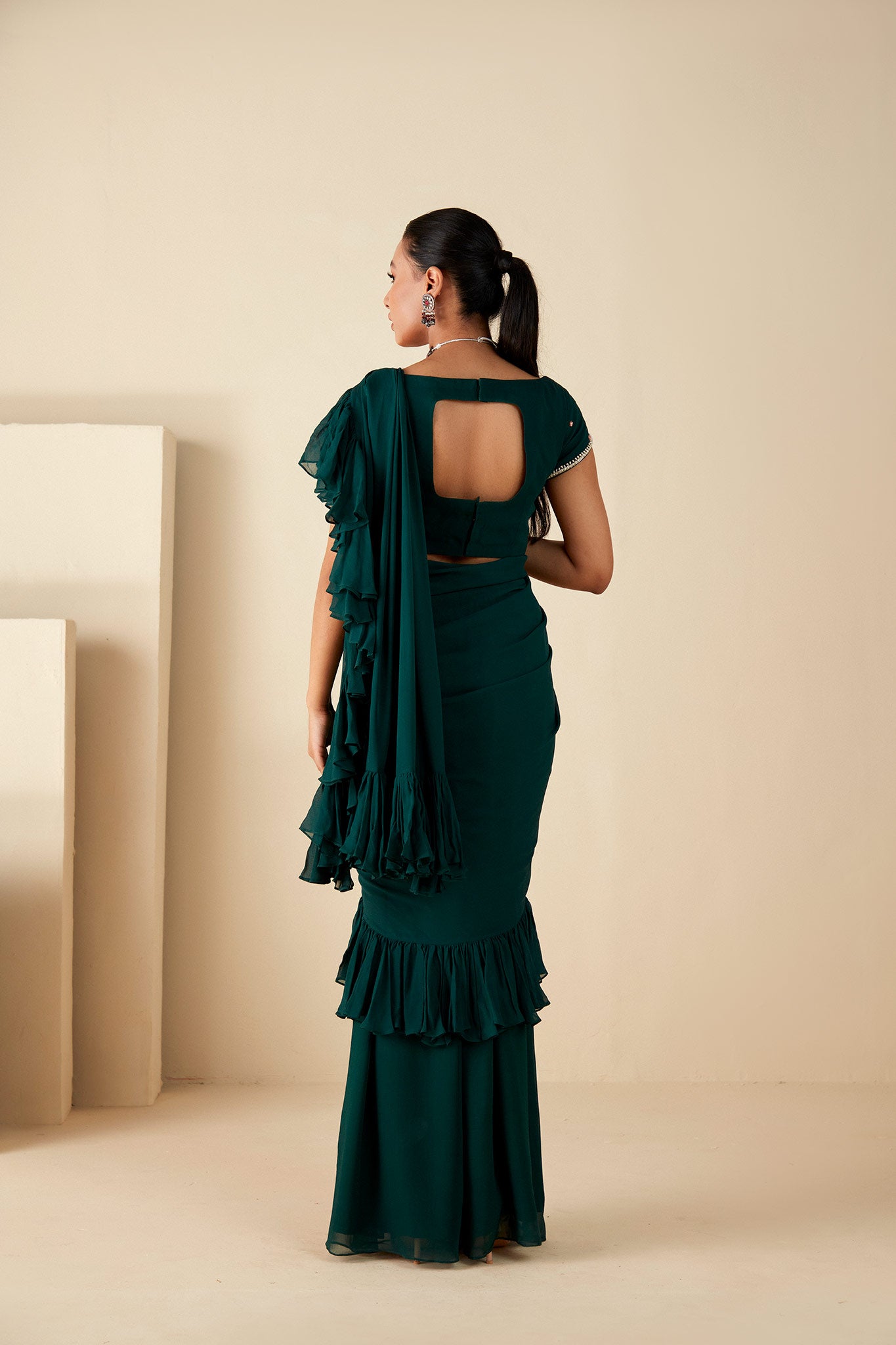 Green Georgette Crepe Ruffle Pant Saree image 1