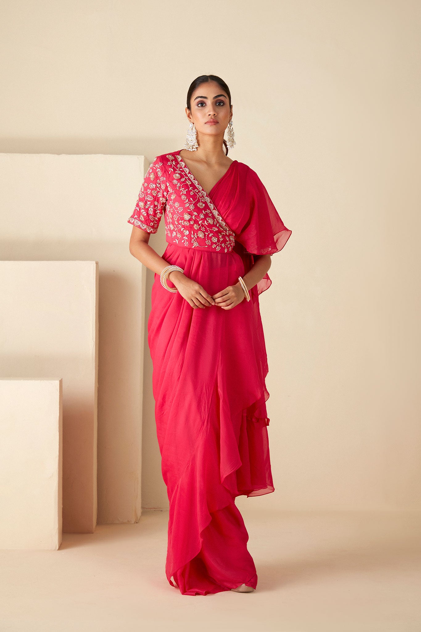 Pink Ruffle Pre-Drape Saree - XL image
