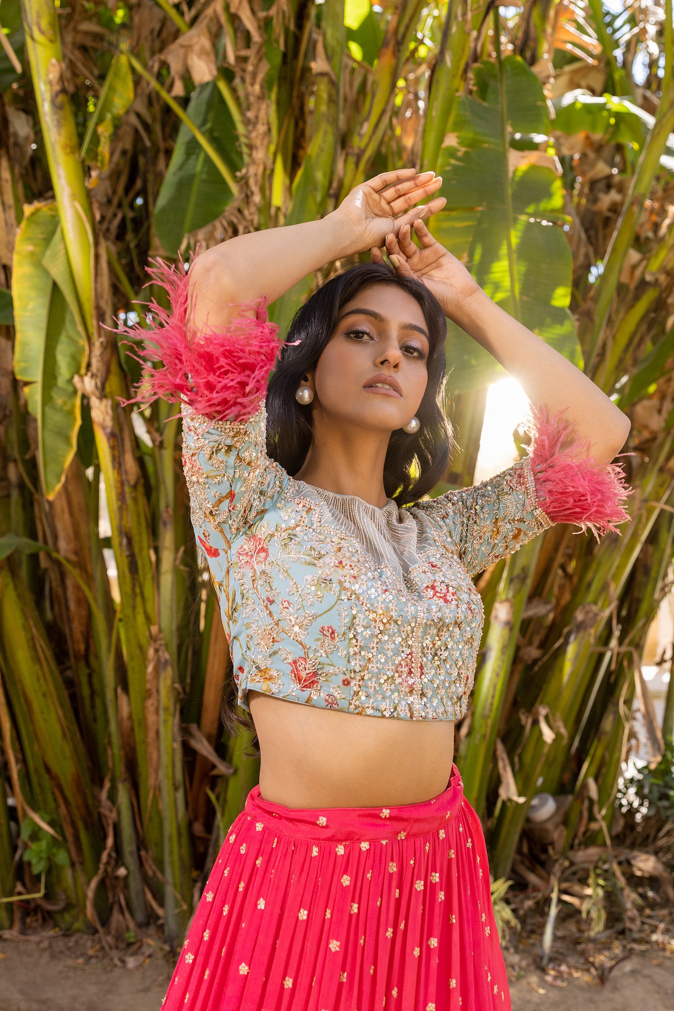 Coral Flair Sleeve Georgette &amp; Net Embroidered Lehenga Set image 6
