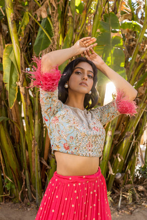 Coral Flair Sleeve Georgette &amp; Net Embroidered Lehenga Set image 6