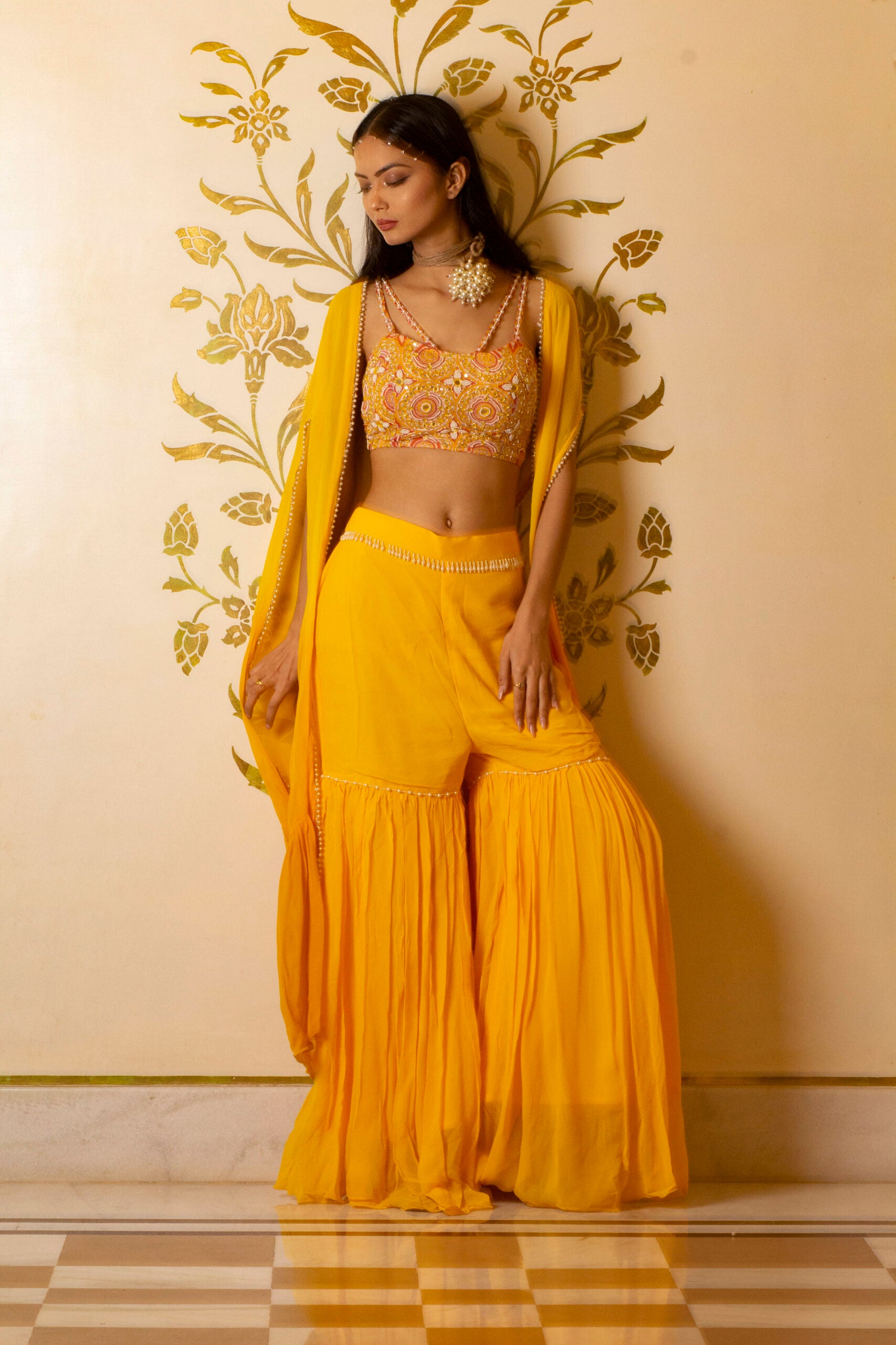 Yellow Sharara Set With Shrug - M image