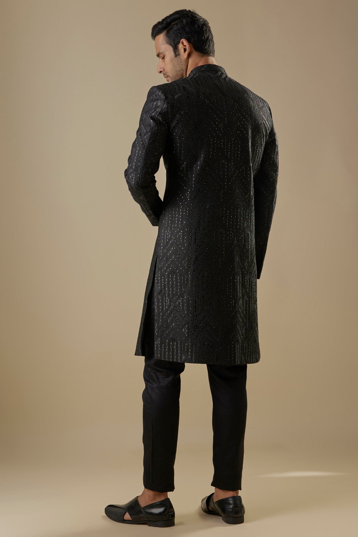 Black Geometric Embroidered Sherwani Set image 2