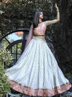 White and Peach Lehenga Set - XL image