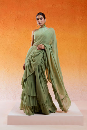 Pista Green Embroidered Drape Saree Set with Belt image 2