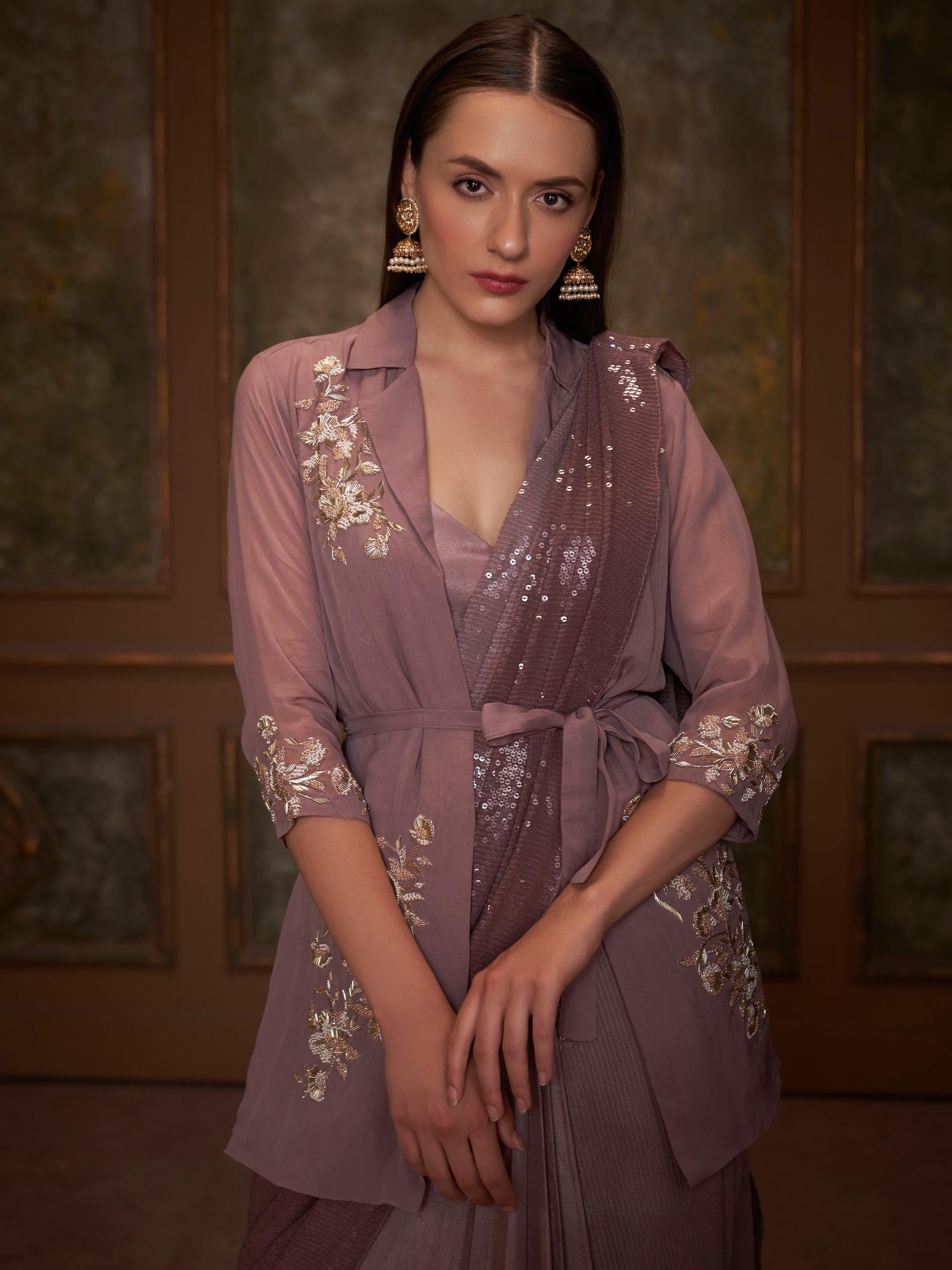 Chocolate Brown Jacket Pre Draped Saree Set image 1