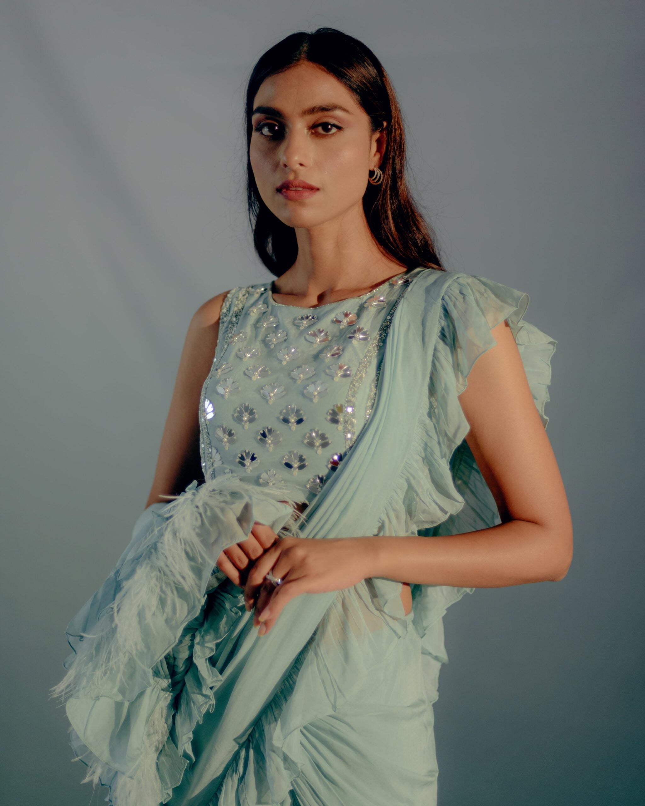 Baby Blue Feather Details Saree Set image 3