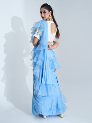 Pre Drape Light Blue Saree Set image 1