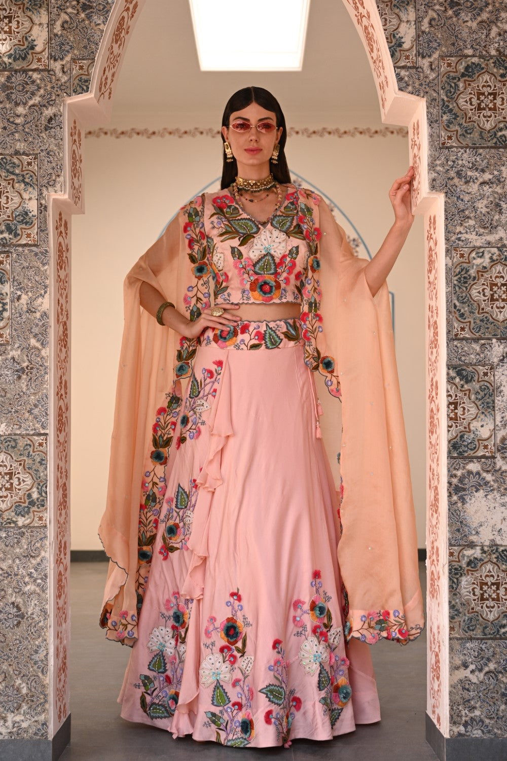 Peach Lehenga Set With Cape image 2