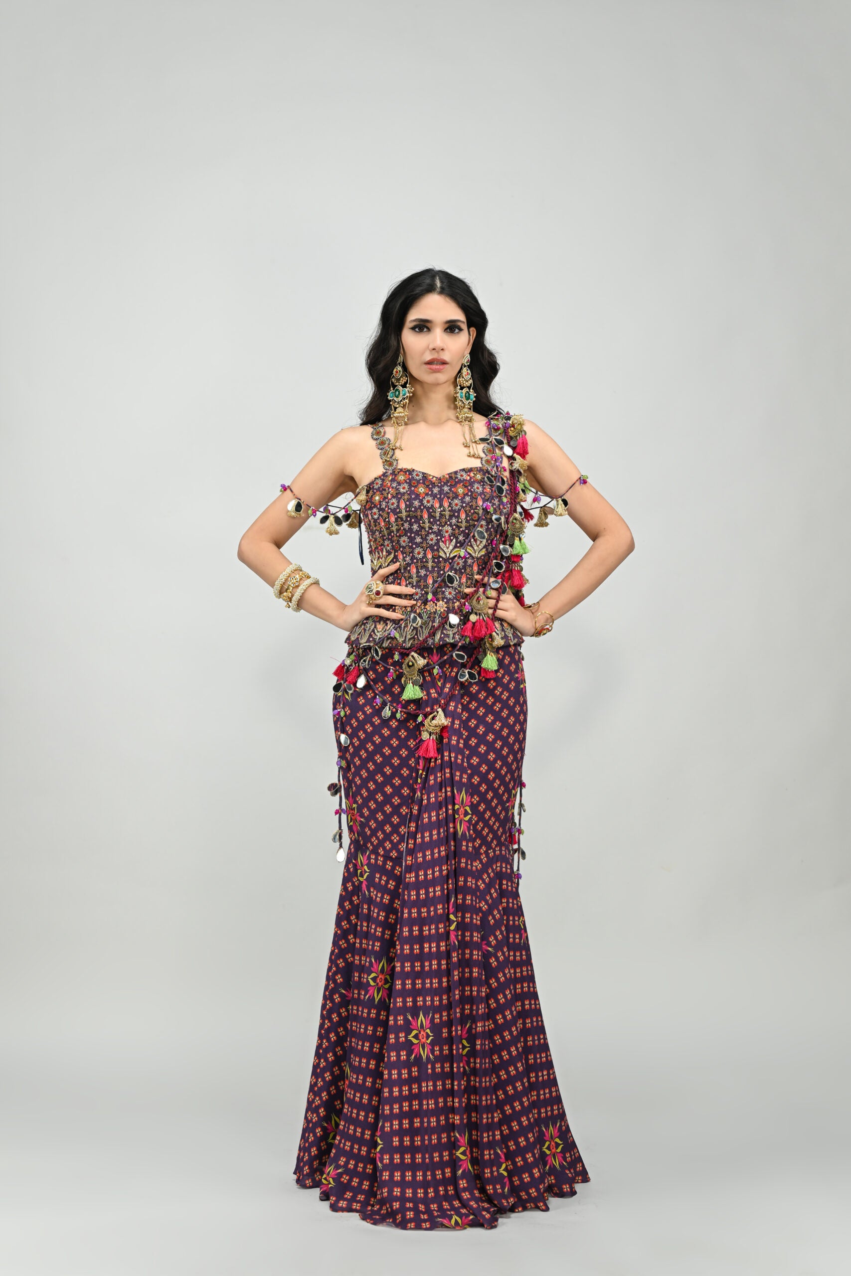 PLUM PRESTITCHED TASSEL SAREE PAIRED WITH BADLA EMBROIDERED PLUM CORSET image 0