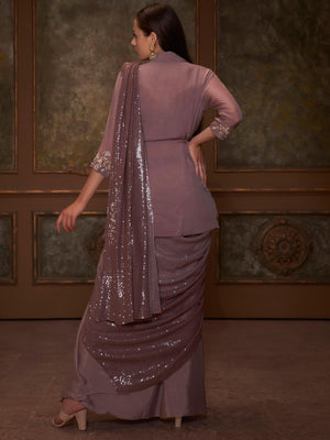 Chocolate Brown Jacket Pre Draped Saree Set image 2
